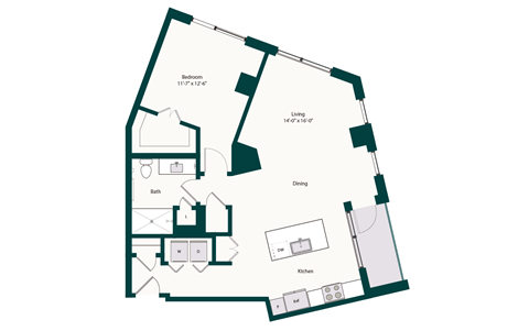Floor plan for 1 bed, 1 bath, 947 sqft